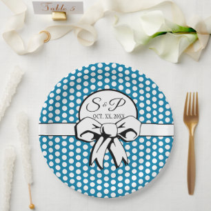 Cerulean Blue Polka Dot White Bow Personalised Paper Plate
