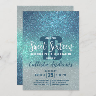 Cerulean Blue Teal Triple Glitter Ombre Sweet 16 Invitation