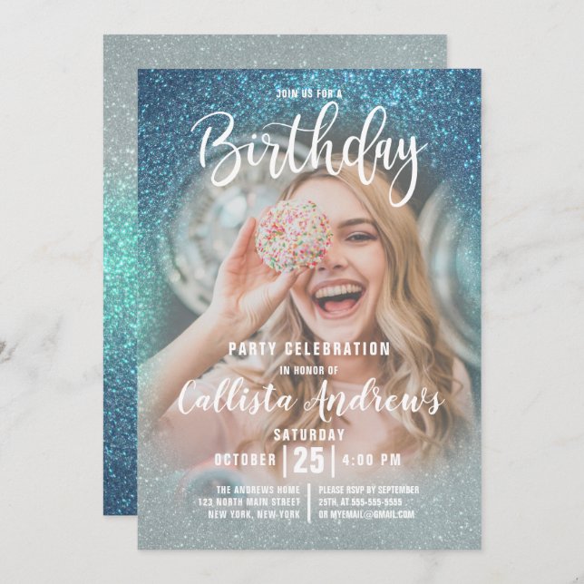 Cerulean Blue Triple Glitter Ombre Photo Birthday Invitation (Front/Back)