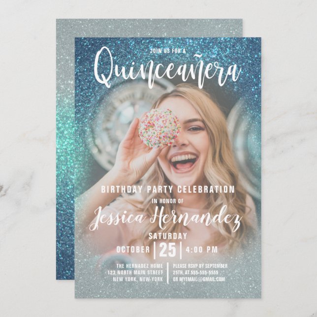 Cerulean Blue Triple Glitter Photo Quinceañera Invitation (Front/Back)