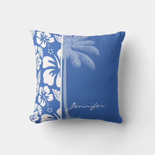 Cerulean Blue Tropical Hibiscus and Palm Cushion (Front)