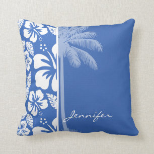 Cerulean Blue Tropical Hibiscus and Palm Cushion