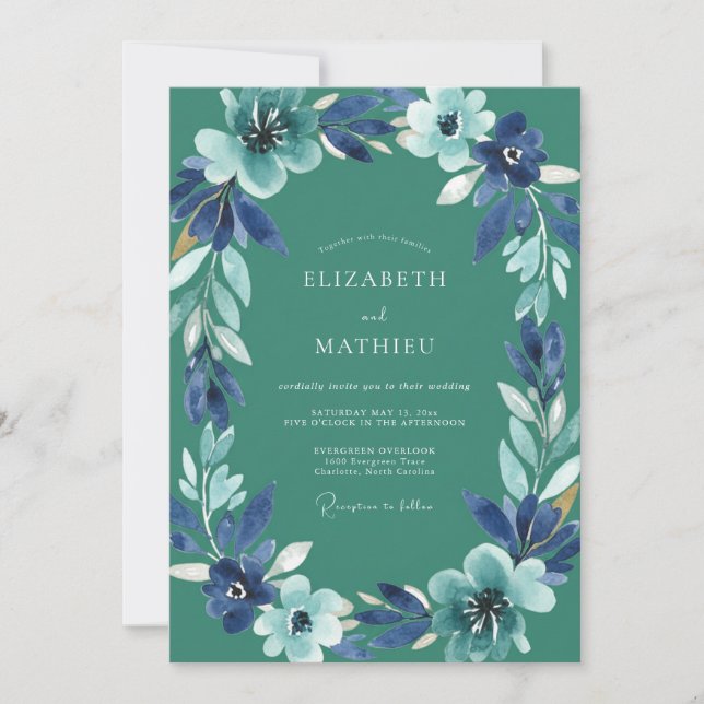 Cerulean Cyan Blossom Wedding Invitation (Front)