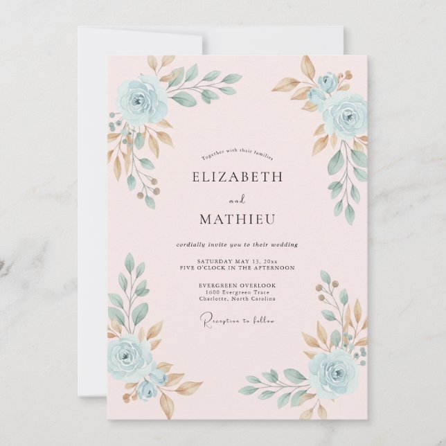 Cerulean Peach Foliage Eucalyptus Wedding Invitation (Front)