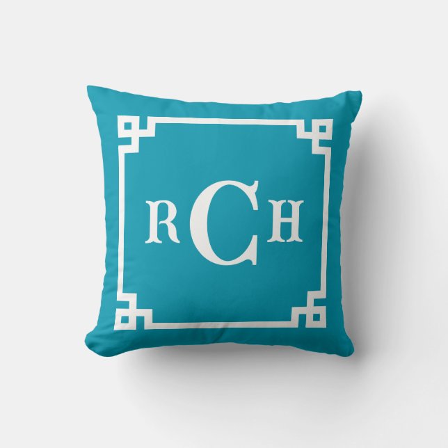 Cerulean Reverse Chinoiserie Greek Key Monogram Cushion (Front)
