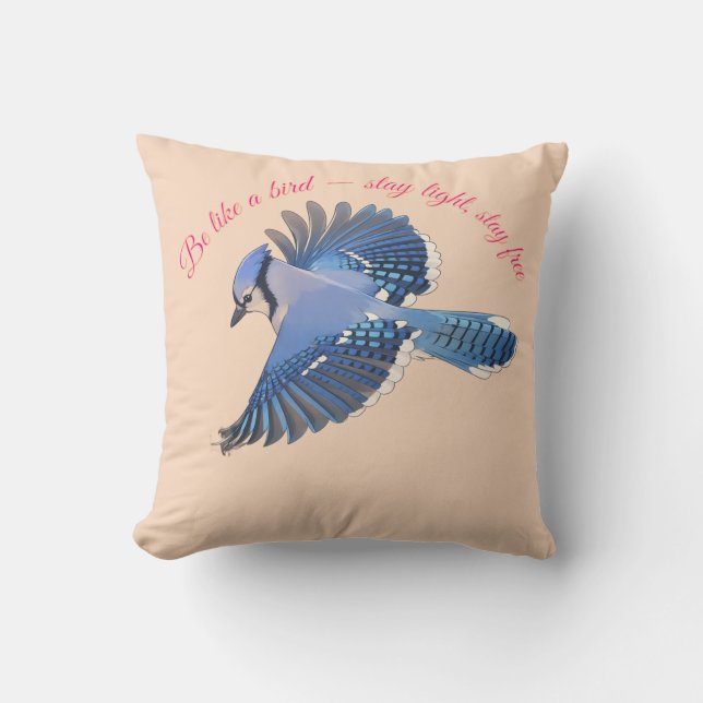 Cerulean Soar: Detailed Blue Jay in Flight Cushion (Front)