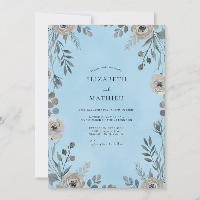 Cerulean Taupe Blossom Wedding Invitation (Front)