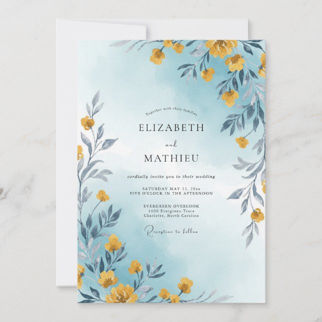 Cerulean Yellow Wildflower Wedding Invitation (Front)