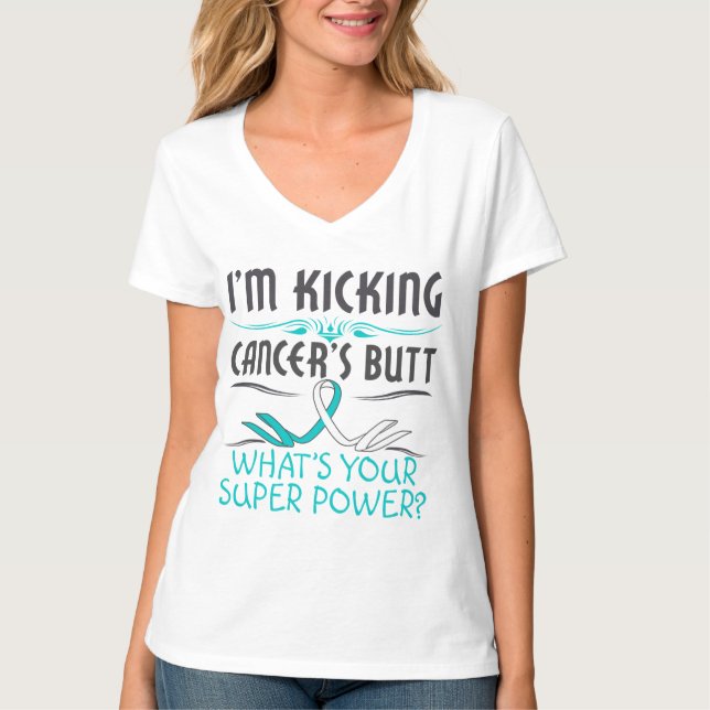 Cervical Cancer Kicking Cancer Butt Super Power T-Shirt (Front)