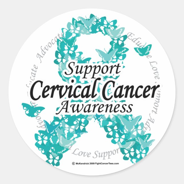 Cervical Cancer Ribbon of Butterflies Classic Round Sticker (Front)