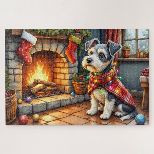 Cesky Terrier Fireplace with Christmas Lights Jigsaw Puzzle (Horizontal)