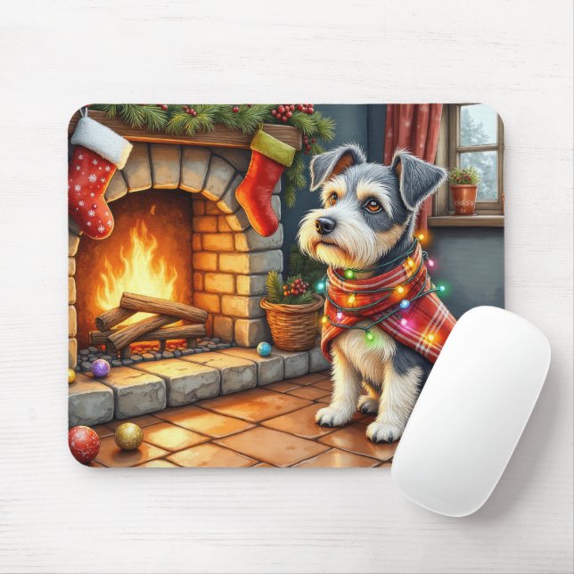 Cesky Terrier Fireplace with Christmas Lights Mouse Pad (With Mouse)