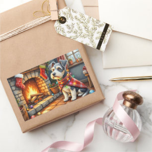 Cesky Terrier Fireplace with Christmas Lights Rectangular Sticker