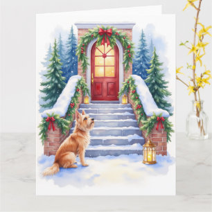 Cesky Terrier Snowy Staircase Christmas Art Card