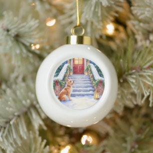 Cesky Terrier Snowy Staircase Christmas Art Ceramic Ball Christmas Ornament
