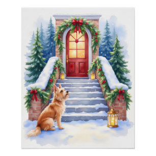 Cesky Terrier Snowy Staircase Christmas Art Poster