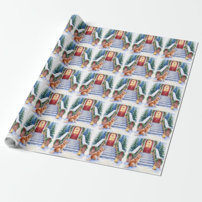 Cesky Terrier Snowy Staircase Christmas Art Wrapping Paper (Unrolled)