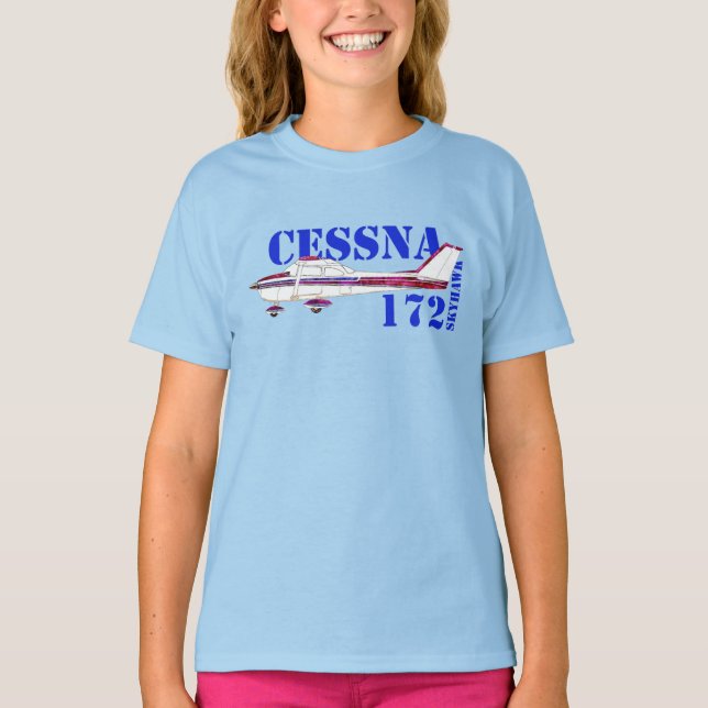Cessna 172 Skyhawk Illustration Bold Text Design T-Shirt (Front)