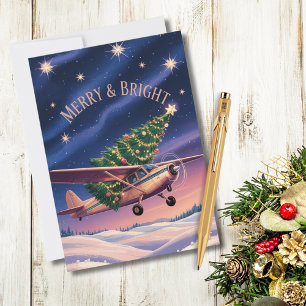 Cessna Aeroplane carries Christmas Tree Photo Funn Holiday Card