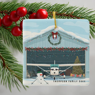 Cessna Airplane Christmas Tree in Hangar Vintage  Ceramic Ornament
