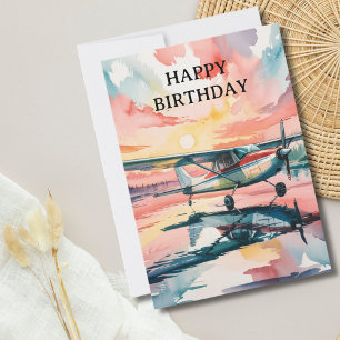 Cessna Airplane on Lake Watercolor Fun Birthday Holiday Card