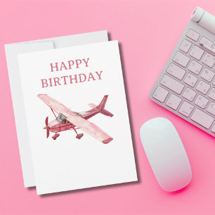 Cessna Pink Aeroplane Watercolor Fun Birthday Holiday Card