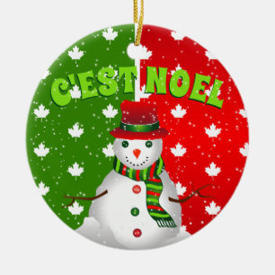C'EST NOEL Canadian Maple Leaf Snowman Christmas Ceramic Tree Decoration