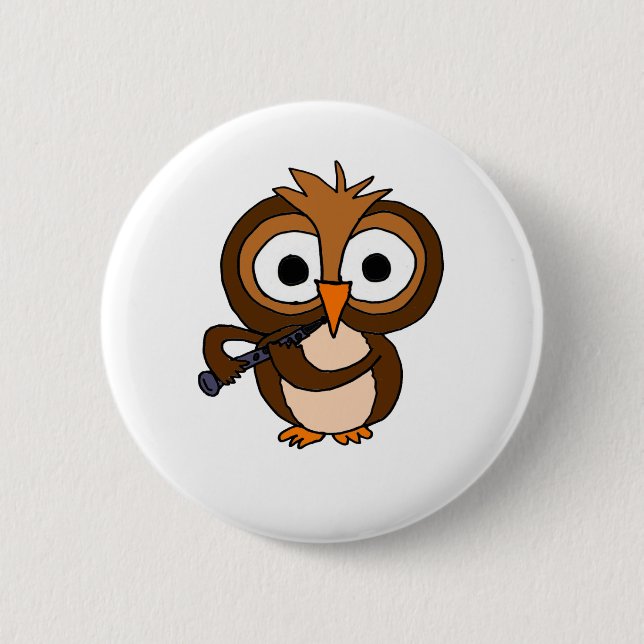 CF- Funny Owl Playing the Clarinet 6 Cm Round Badge (Front)