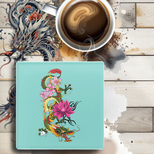 Ch9inese Dragon Lotus Cherry Blossoms Glass Coaster