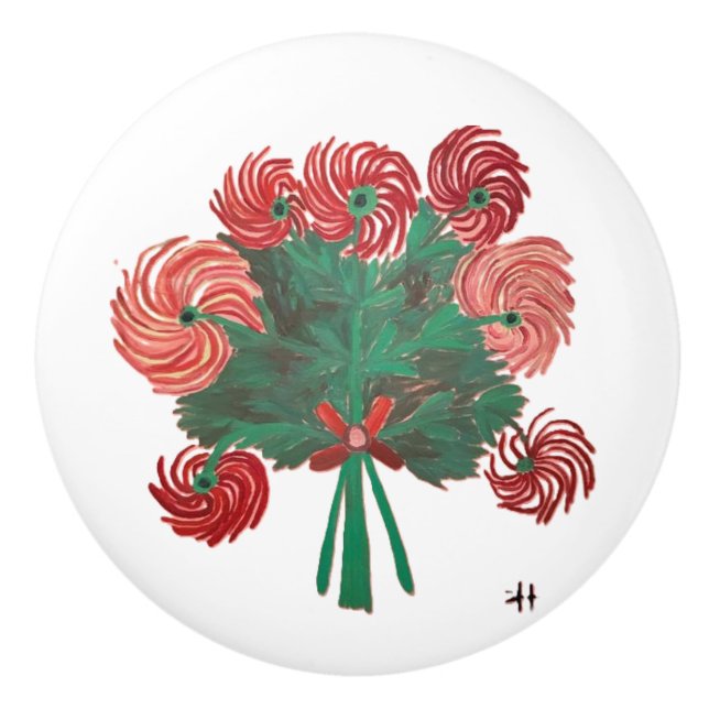 CH Zinnias Red Bouquet Ceramic Knob (Front)