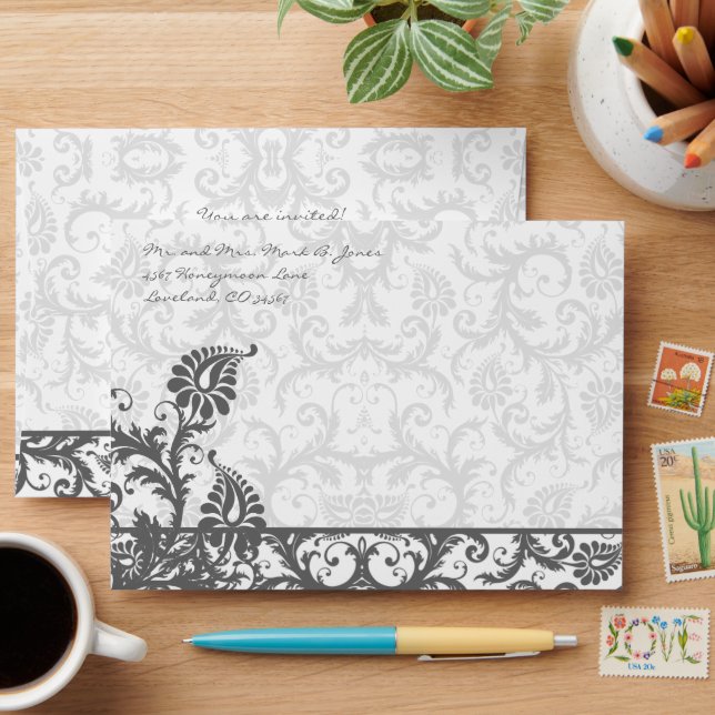 Chacoal Grey Damask Wedding Envelopes (Desk)