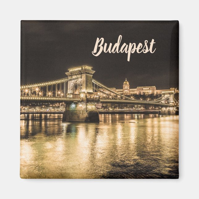 Chain Bridge Budapest at Night with Buda Castle Lu Magnet (Front)