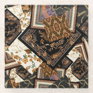 Chain, paisley, flowers: vintage patchwork. glass coaster