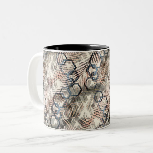 Chains on palm leaves. Two-Tone coffee mug (Front Left)