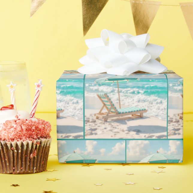 Chaise Lounge On White Ocean Sand Wrapping Paper (Birthday Party)