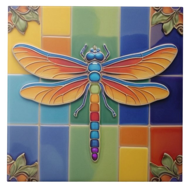 Chakra Dragonfly - Multicolored Colourful Rainbow Tile (Front)