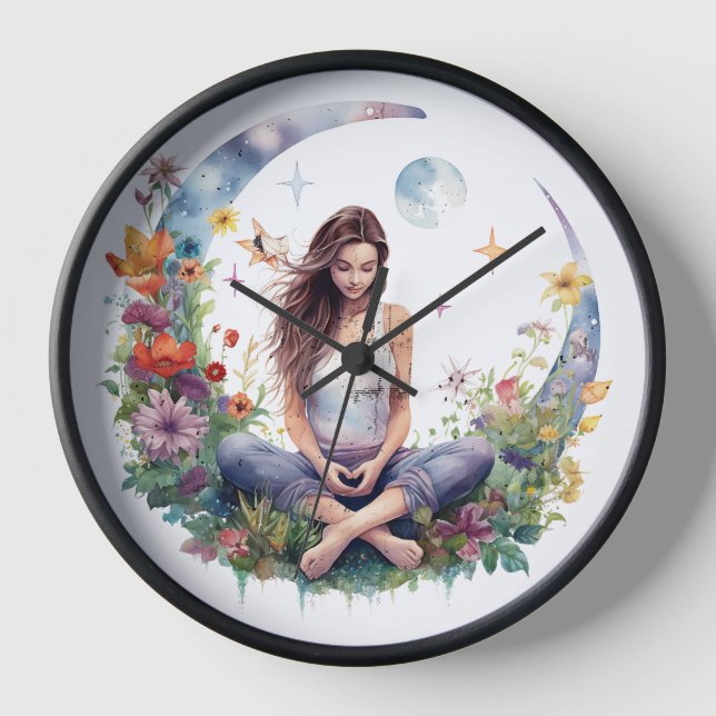 Chakra Harmony Yoga Mandala - Vibrant Watercolor A Clock (Front)