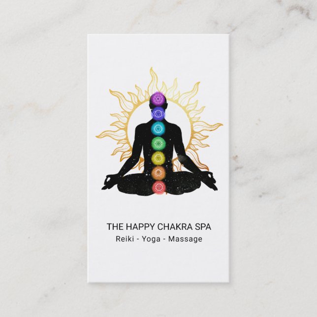 *~* Chakra Healing Meditation Lotus Pose Man Sun Business Card (Front)