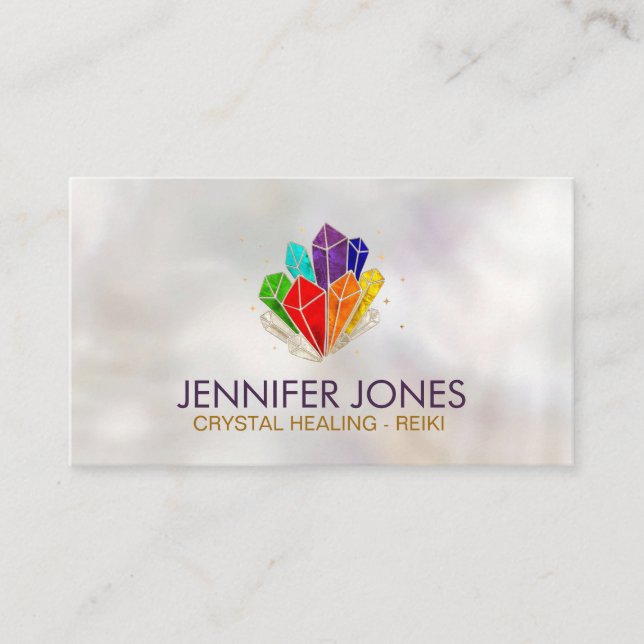 Chakras Crystals Cluster on mother of pearl Business Card (Front)
