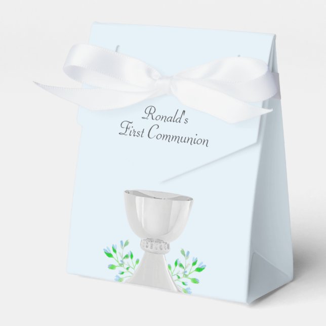 Chalice and Blue Buds Greenery First Communion Favour Box (Front Side)