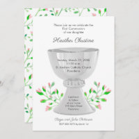 Chalice and Pink Buds First Communion Invitations