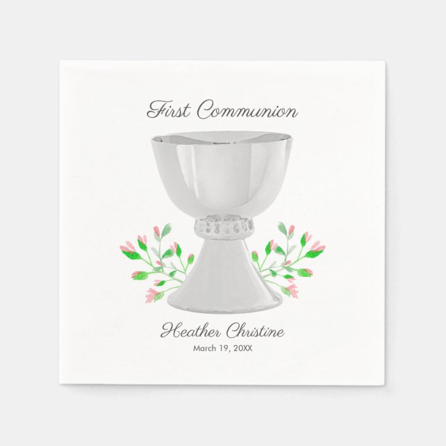 Chalice and Pink Buds Greenery First Communion Napkin (Front)