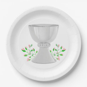 Chalice and Pink Buds Greenery First Communion Paper Plate