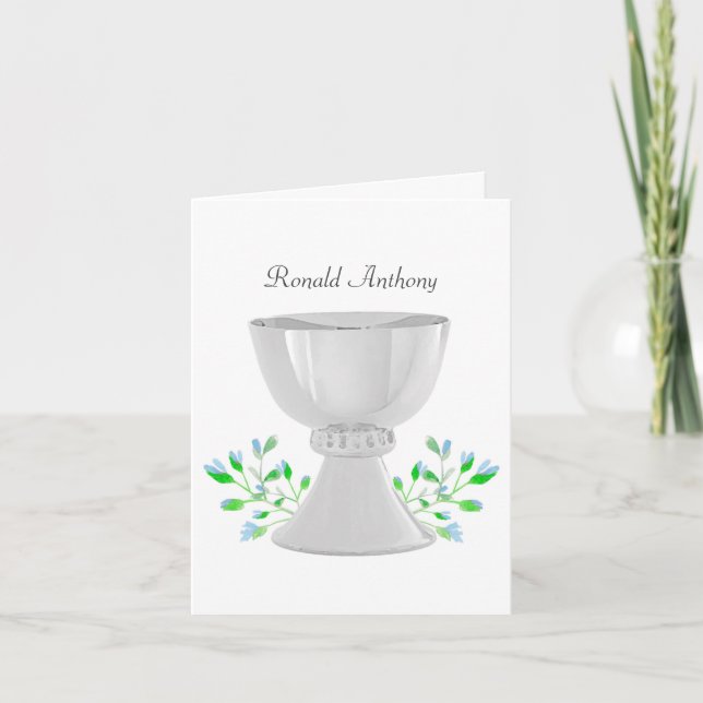 Chalice Blue Buds Greenery First Communion Note Card (Front)