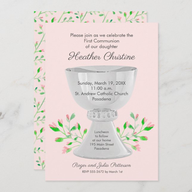 Chalice Floral Pink First Communion Invitations (Front/Back)
