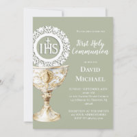 Chalice Host First Communion sage green background