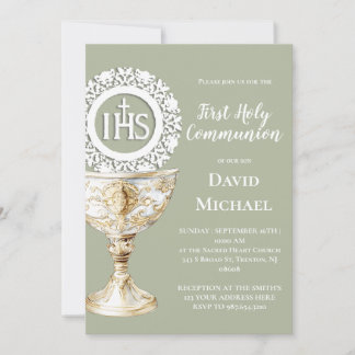 Chalice Host First Communion sage green background Invitation