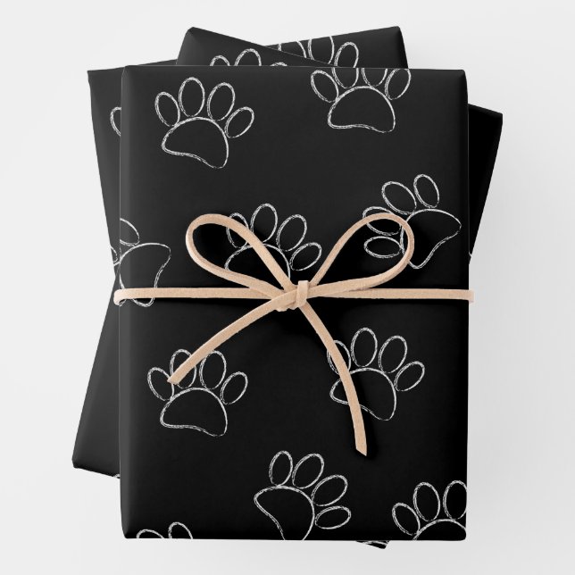 Chalk Cartoon Dog Paw Prints And Red Hearts Wrapping Paper Sheet (In situ)