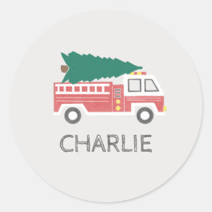 Chalk Classic Christmas Tree on a Firetruck Round Sticker