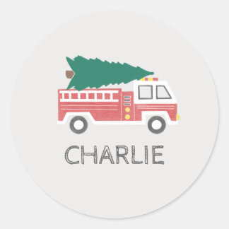 Chalk Classic Christmas Tree on a Firetruck Round Sticker